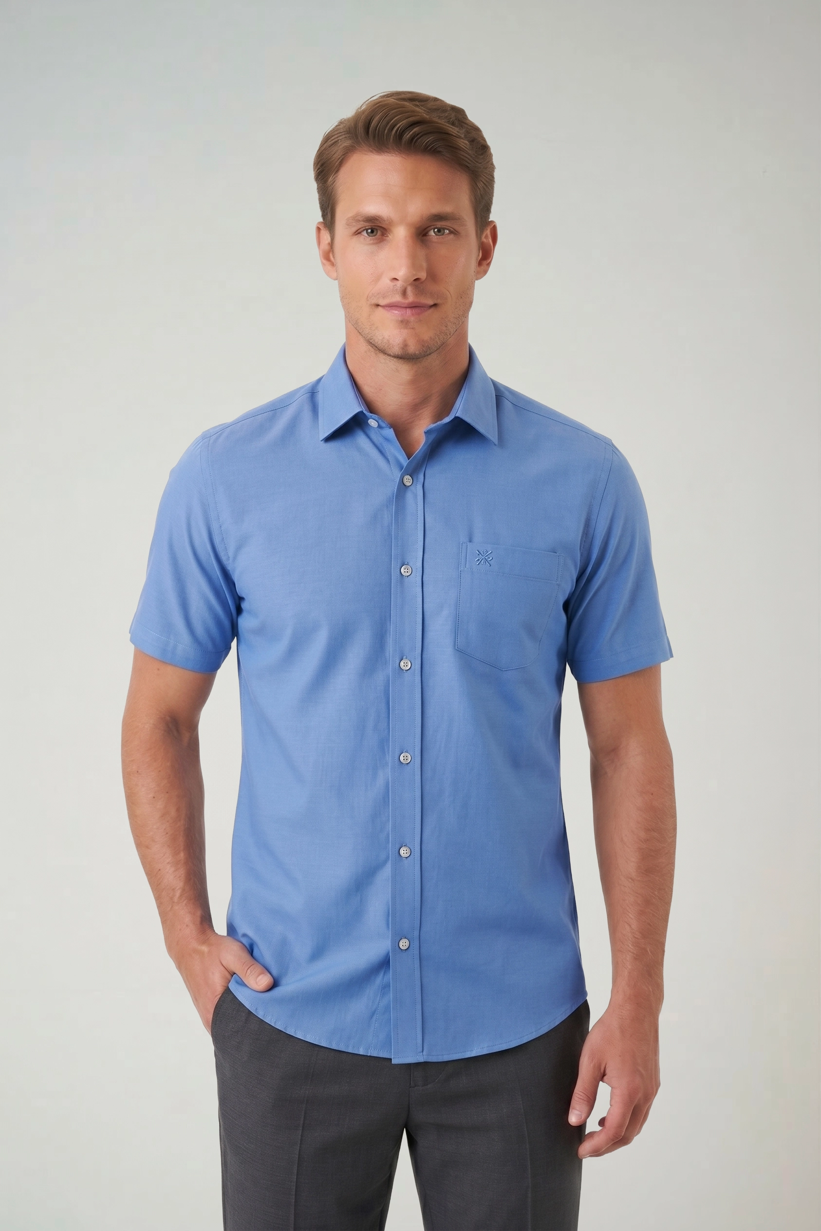 camisa social curta azul