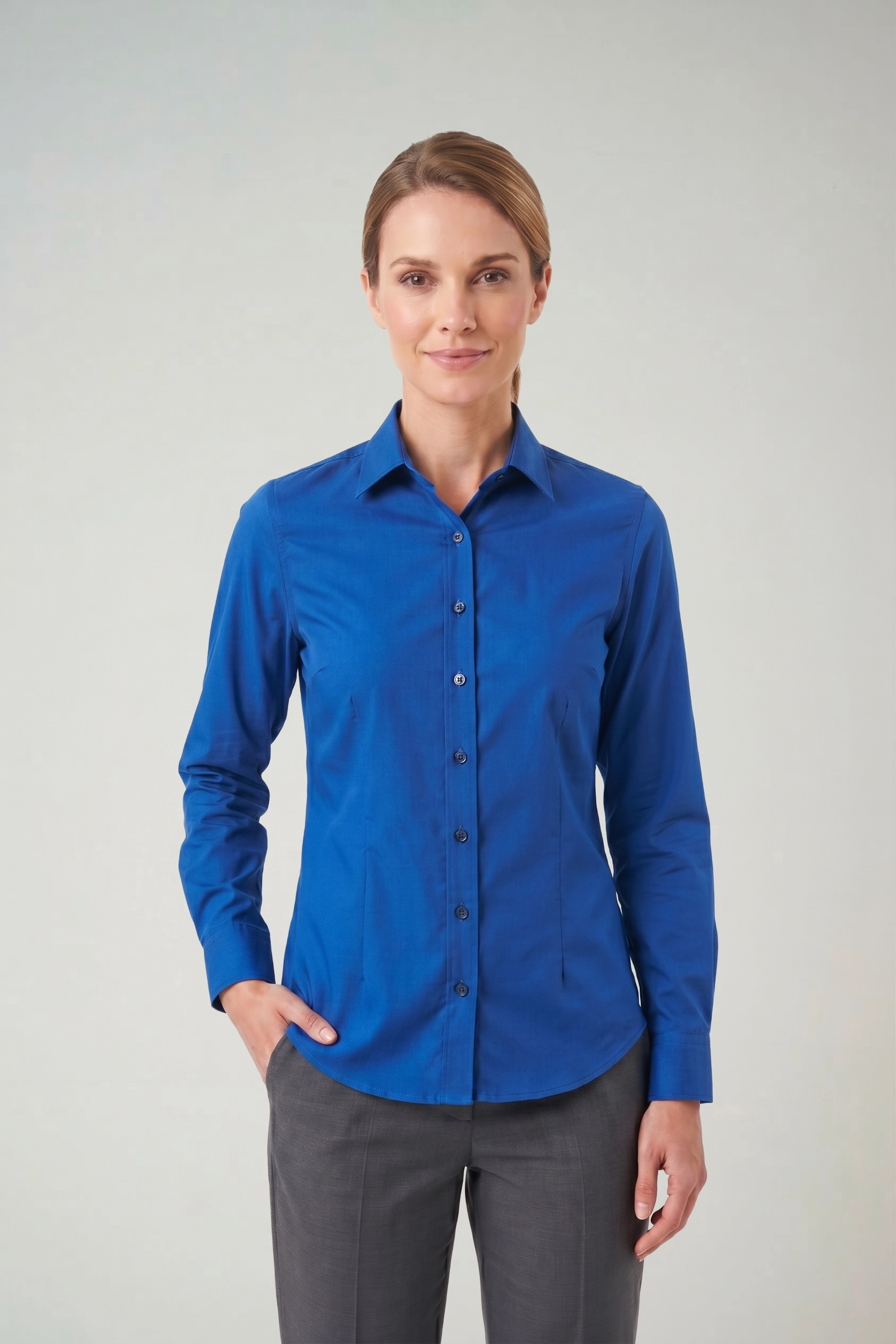 camisa social feminina longa azul