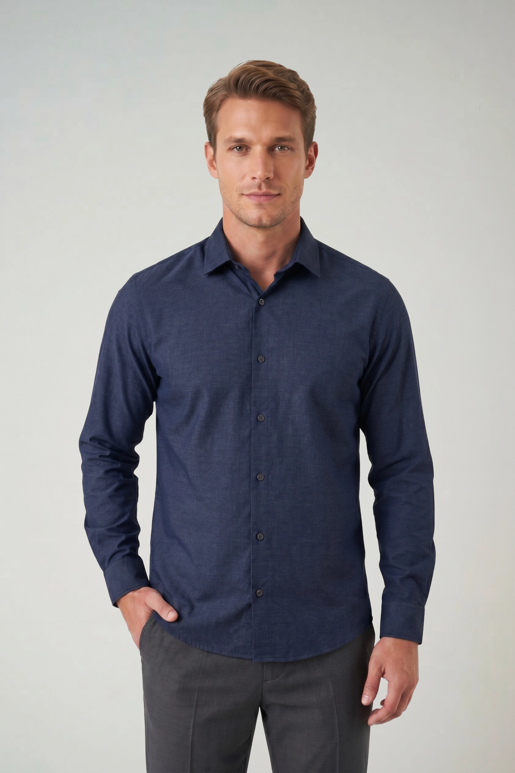 camisa social longa azul marinho